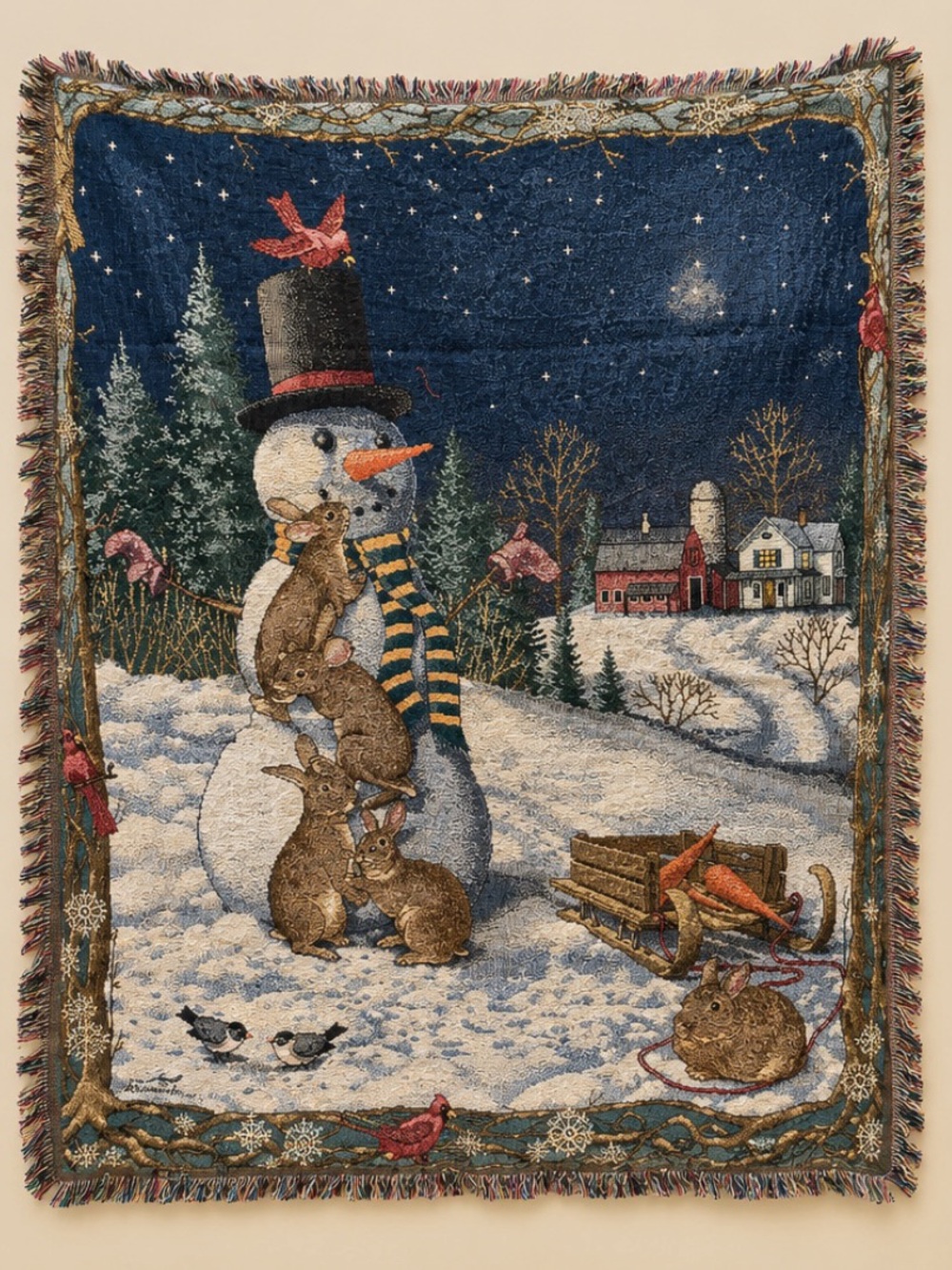 Woven Fringed Winter Snowman Christmas Tapestry Sofa Throw Blanket 70x54